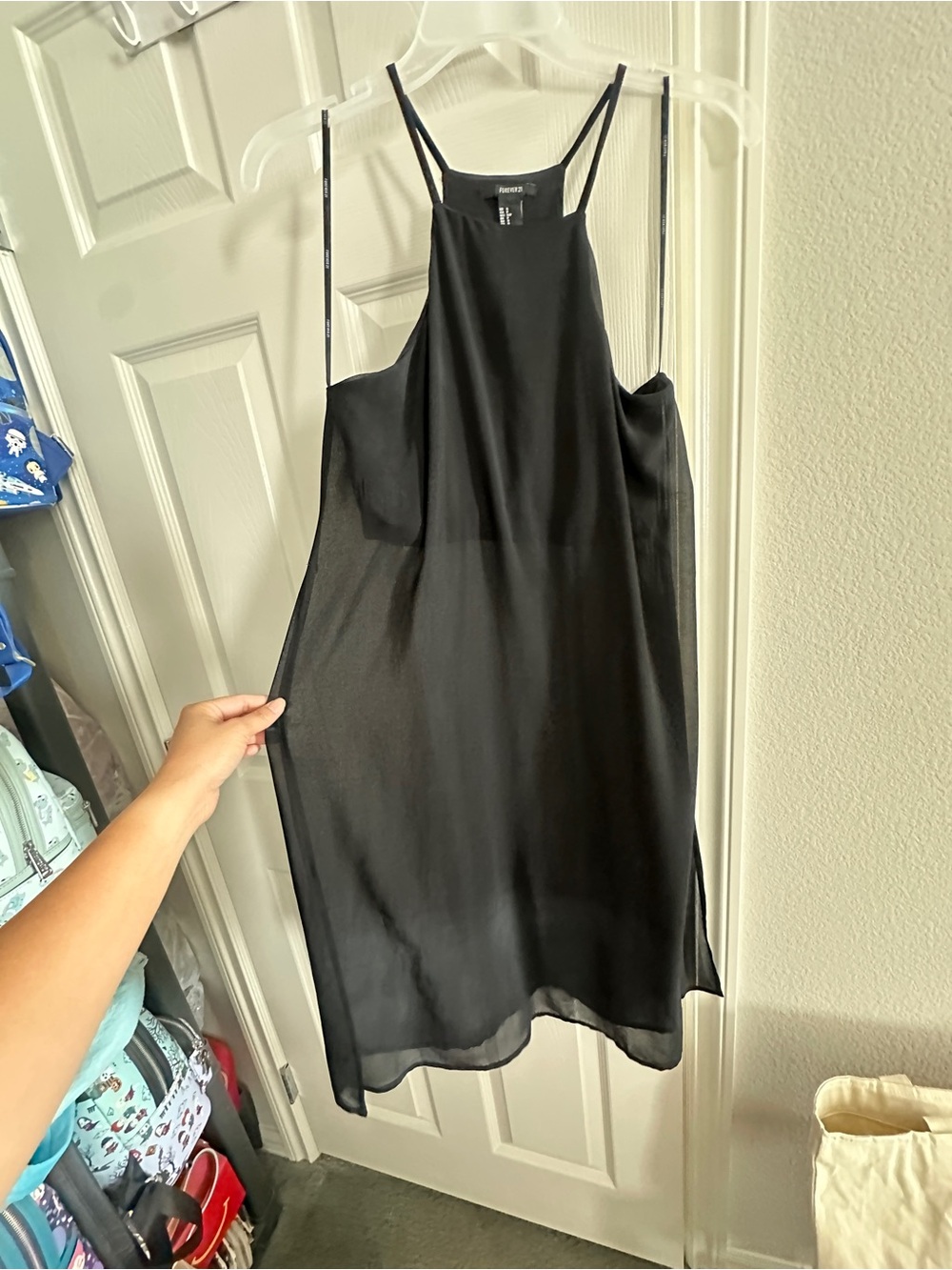 Forever 21 Black Spaghetti Racer Back Crop top with mesh overlay